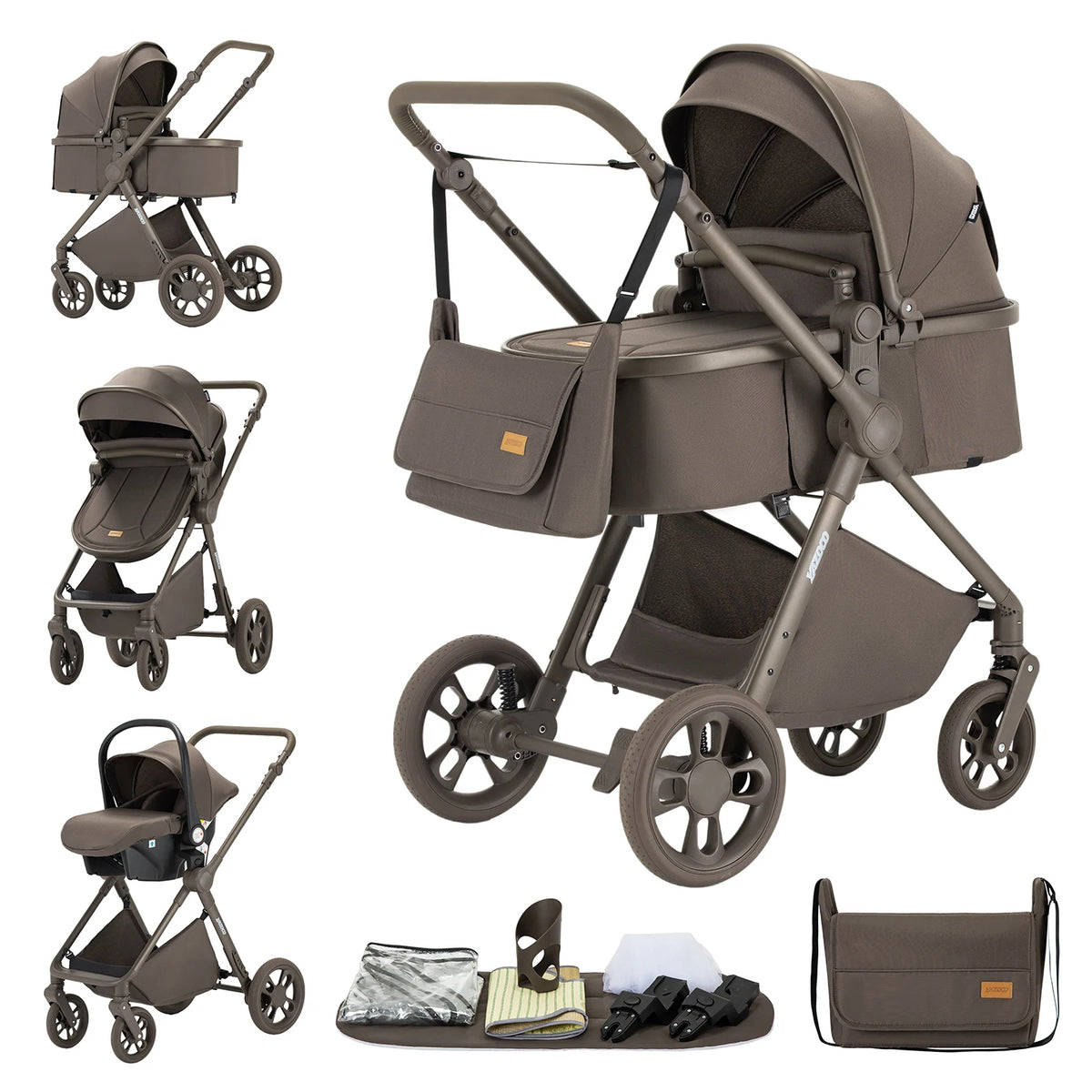 Passeggino per Neonati 3-in-1 di Lusso, Carrozzina da Viaggio Portatile con Telaio in Alluminio, Passeggino Pieghevole con Vista Panoramica