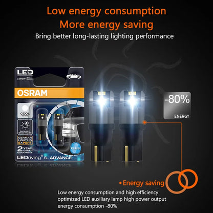 OSRAM LED T10 6000K W5W 194 LEDriving SL Advance 6000K Bianco Lampadine da lettura per auto Lampade per porte Luce interna 12V 1.5W 2980CW, Coppia