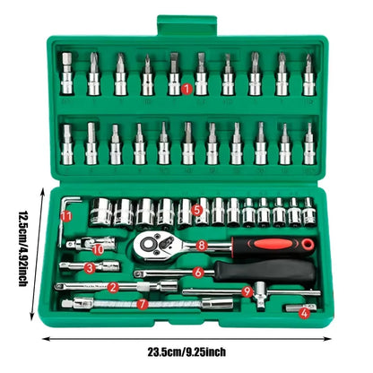 Kit di Riparazione Auto da 46 Pezzi con Attrezzi a Cricchetto Verdi per Manutenzione Veicoli
