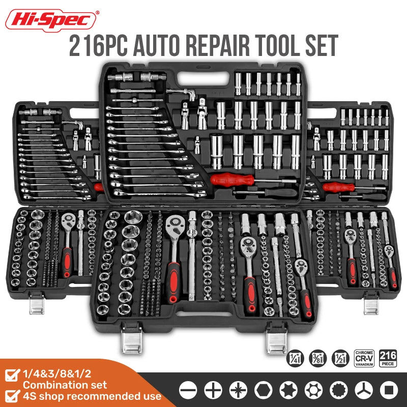 Set di Attrezzi Meccanici Hi-Spec 216 Pezzi, Kit di Utensili Manuali con Chiavi Miste 1/2" 1/4" 3/8", Set di Bussole per Riparazione Auto e Garage