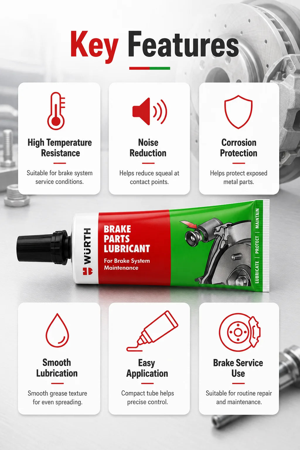 Lubrificante per Freni Wurth 10g, Grasso Resistente al Calore per Pinze Freno, Perni Guida, Pistoni, Uso Automobilistico
