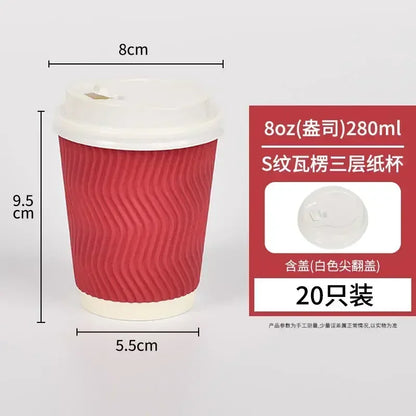 20 set di bicchieri di carta usa e getta colorati, onde di carta ondulata, antiscottatura, tazze da tè al latte, tazze da caffè confezionate da asporto con coperchio