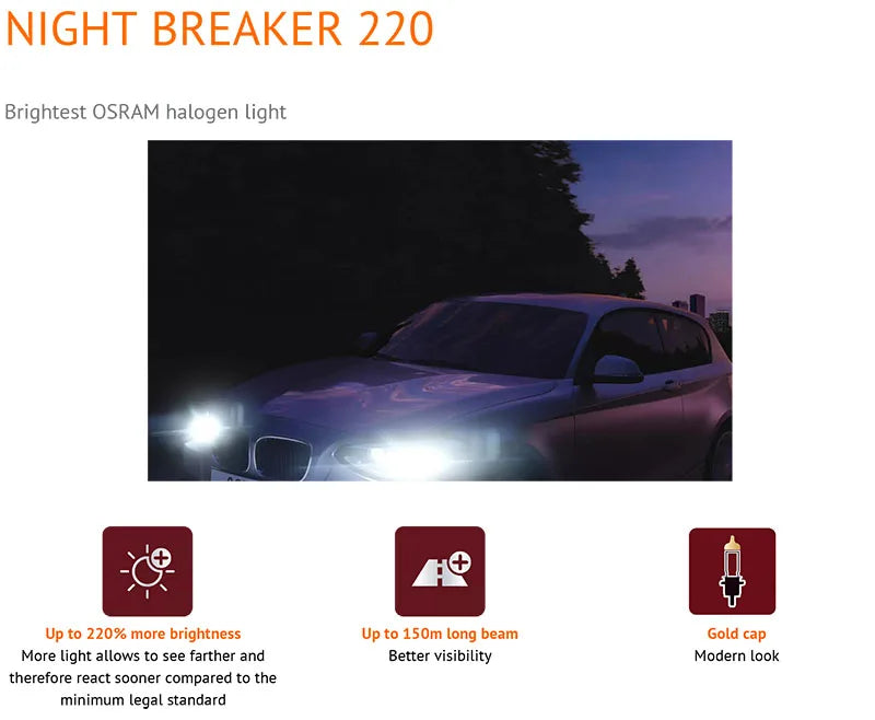 OSRAM Night Breaker 220 Lampade per auto H4 H7 H11 Faro alogeno + 220% Potenza luminosa + Fascio lungo 150 m Luce originale 12 V Germania, 2x