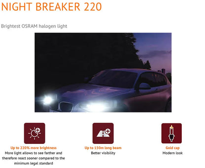 OSRAM Night Breaker 220 Lampade per auto H4 H7 H11 Faro alogeno + 220% Potenza luminosa + Fascio lungo 150 m Luce originale 12 V Germania, 2x