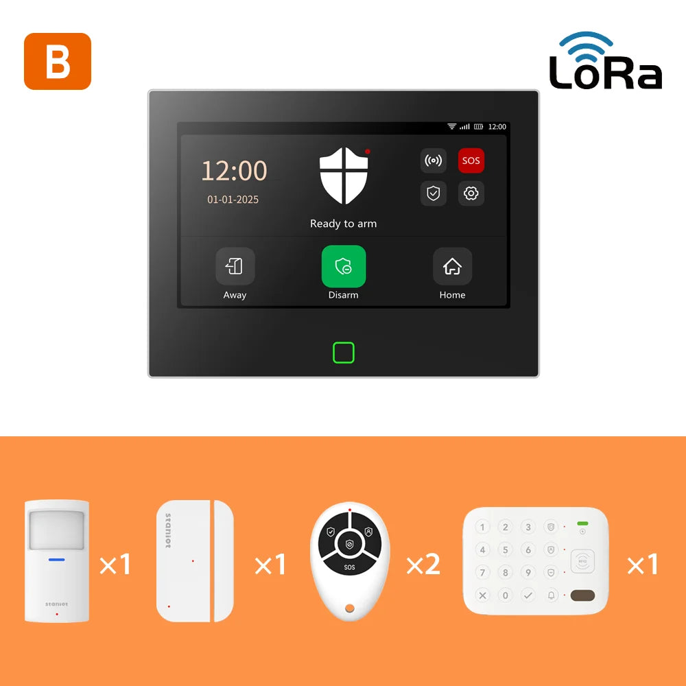 Staniot Kit di protezione Lora da 7 pollici WiFi 4G Tuya Sistema di allarme domestico intelligente con batteria da 5000 mAh Distanza 500 M Funziona con Alexa