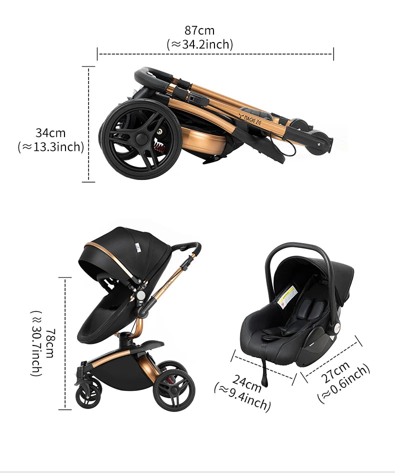Sistema di trasporto per bambini 3 in 1 con seggiolino auto per neonati e navicella, passeggino pieghevole reversibile a 360 gradi, carrozzina alta per neonati fino a 3 anni, cintura di sicurezza a 5 punti, tettuccio in pelle