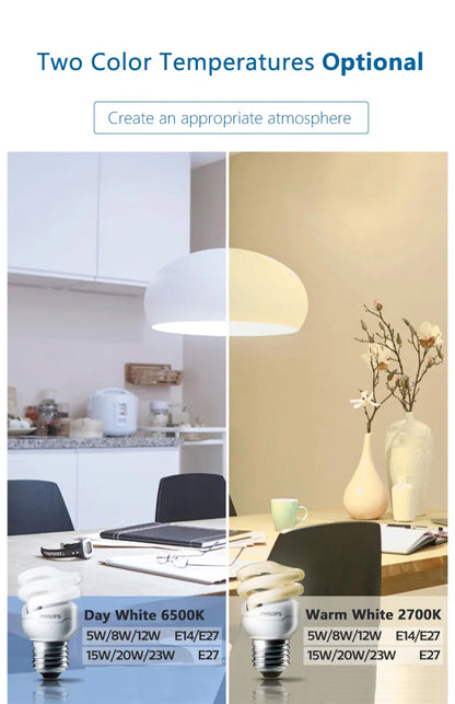 Philips Tornado Vite Edison fluorescente compatta E27 Luce a spirale 8W 12W 15W Lampadina a risparmio energetico 2700K 6500K Lampada a forma di torsione