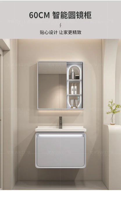 Mobile Bagno Moderno Intelligente con Lavabo Integrato in Ceramica, Armadietti in Rovere, Specchio LED e Mobiletto - Arredamento Bagno