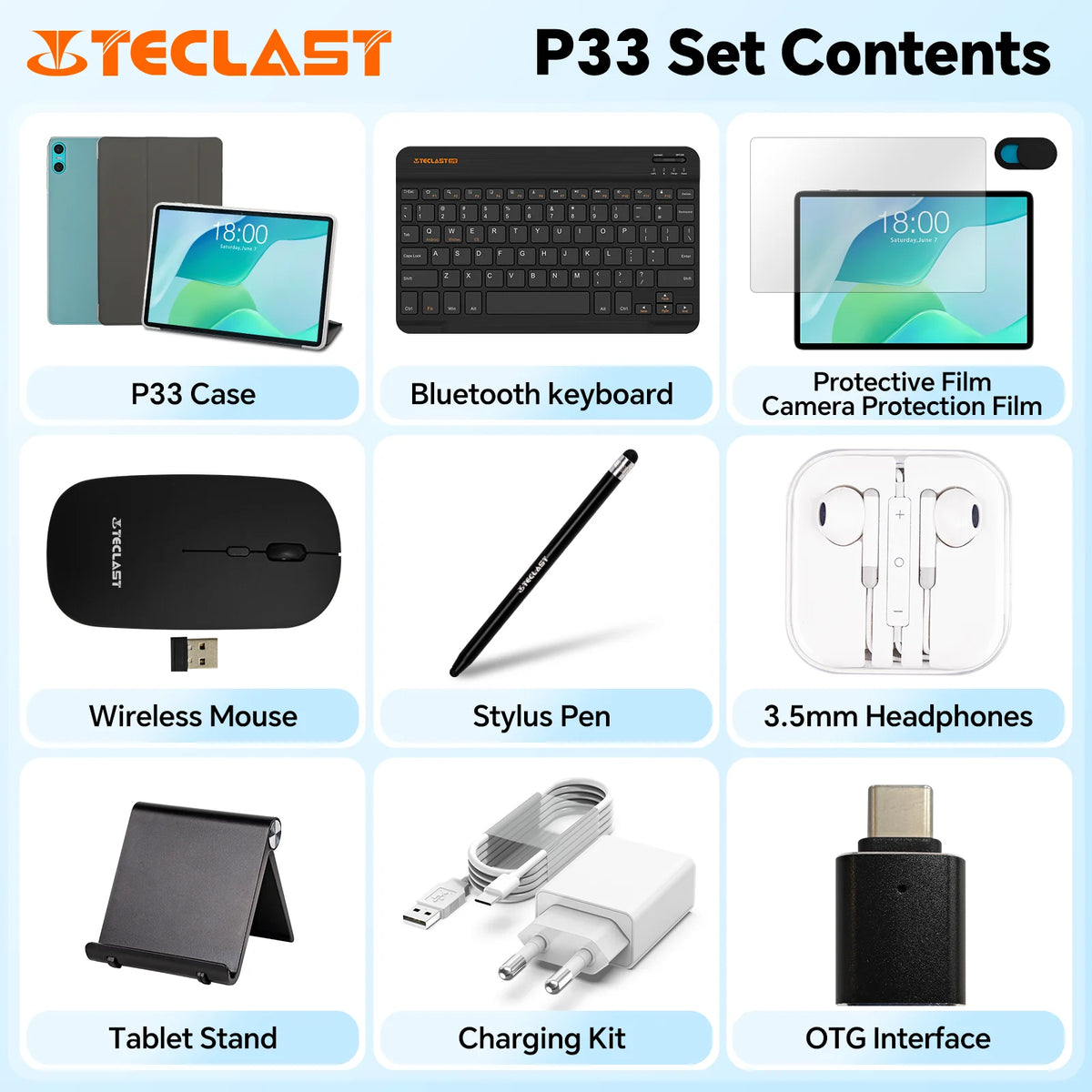 Teclast P33 Tablet Android 15 10.1" 9 GB di RAM (3 GB + 6 GB) 64 GB di ROM Allwinner A333 Custodia all-in-one/Tastiera/Mouse/Stilo/Cuffia