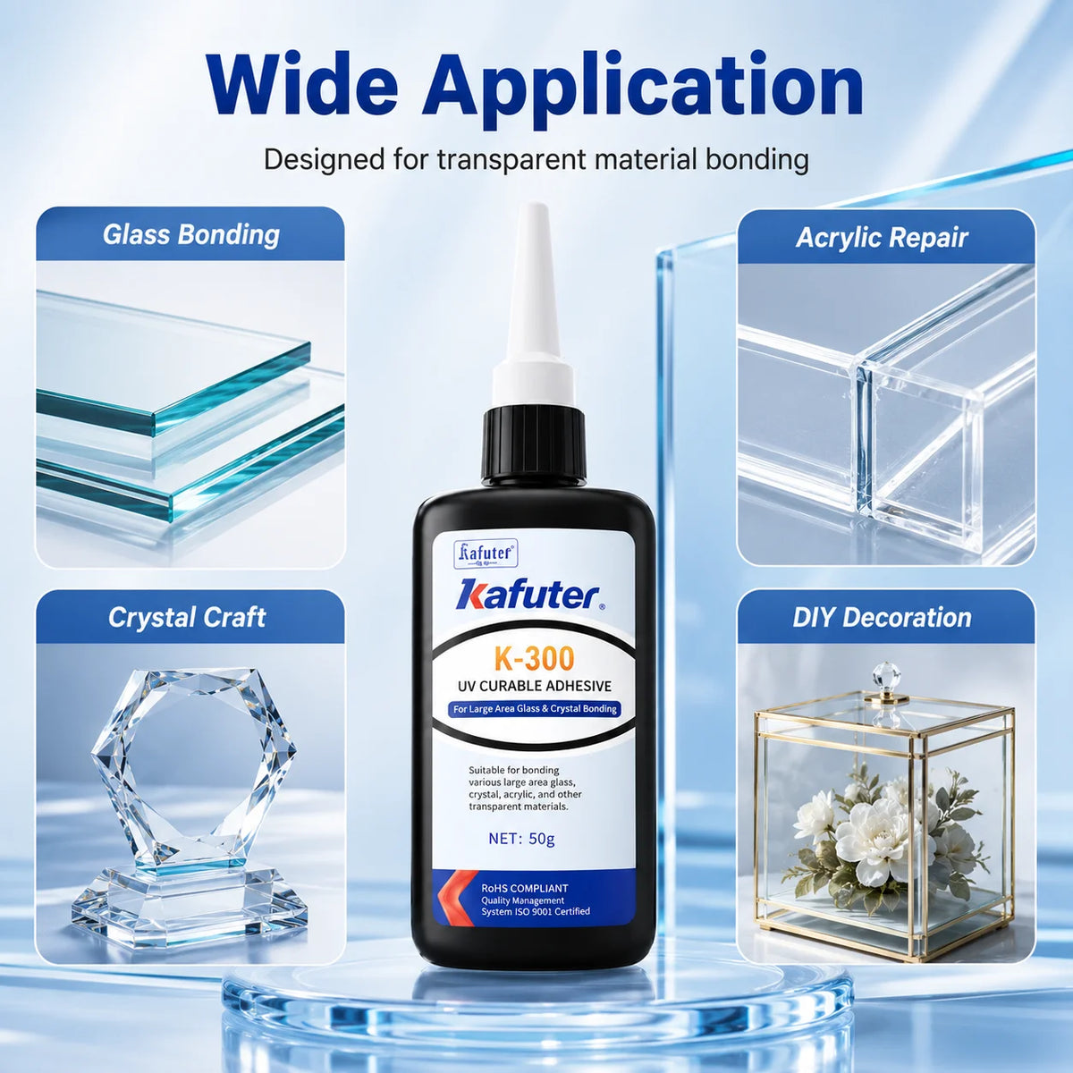 Adesivo UV Kafuter K-300 K-302 K-303 K-306, Colla Trasparente per Vetro, Acrilico e Cristallo, per Riparazioni Fai-da-Te, 50g