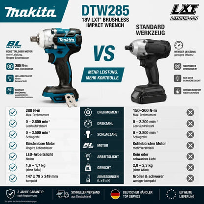 Makita DTW285 Avvitatore a Impulsi 18V 320N·m Senza Spazzole Senza Fili + Batteria 6.0Ah Utensile Elettrico ad Alta Coppia Disponibilità EU Spedizione 1-3 Giorni