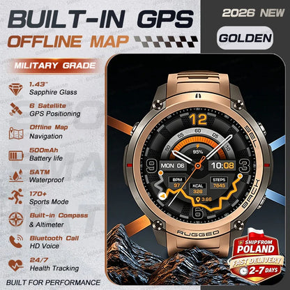 2026 NUOVO Smartwatch con Mappe Offline per Uomo, Display AMOLED HD da 1,43 Pollici, GPS Esterno Integrato, Bussola, Altimetro, Impermeabile 5ATM, Orologio Sportivo per Nuoto, Ciclismo e Corsa