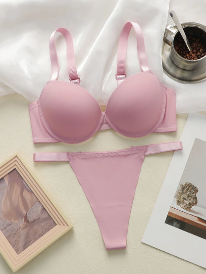 Set da donna rosa Set di lingerie quotidiana in tinta unita, reggiseno push-up, comodo set di lingerie aderente, il seno piccolo appare più grande 2051