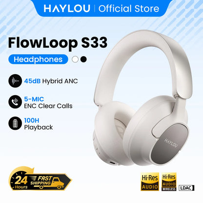 Cuffie Over-Ear HAYLOU FlowLoop S33 con Cancellazione Attiva del Rumore 45dB, Audio Hi-Res LDAC, Auricolari Bluetooth Wireless, 100 Ore di Autonomia