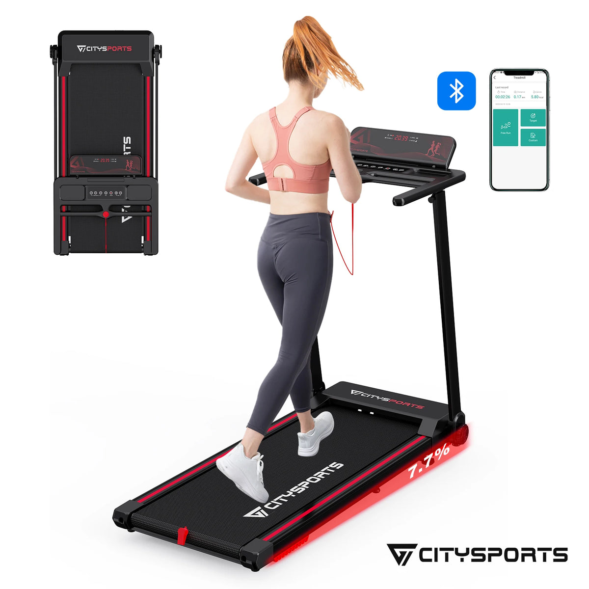 CITYSPORTS PRO Tapis Roulant, Tapis Roulant con Inclinazione del 7,7%, Tapis Roulant Pieghevole, Tapis Roulant con APP e Bluetooth per Uso Domestico e in Ufficio, Tapis Roulant da 2,0 HP, 12 Km/h, 120 Kg