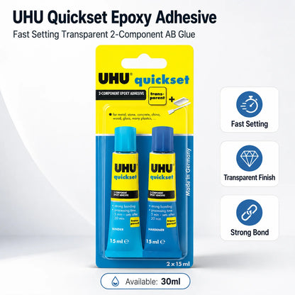 Adesivo Epossidico UHU Quickset 30ml Trasparente Colla Bicomponente AB ad Asciugatura Rapida per Riparazioni di Metallo, Ceramica, Vetro e Plastica