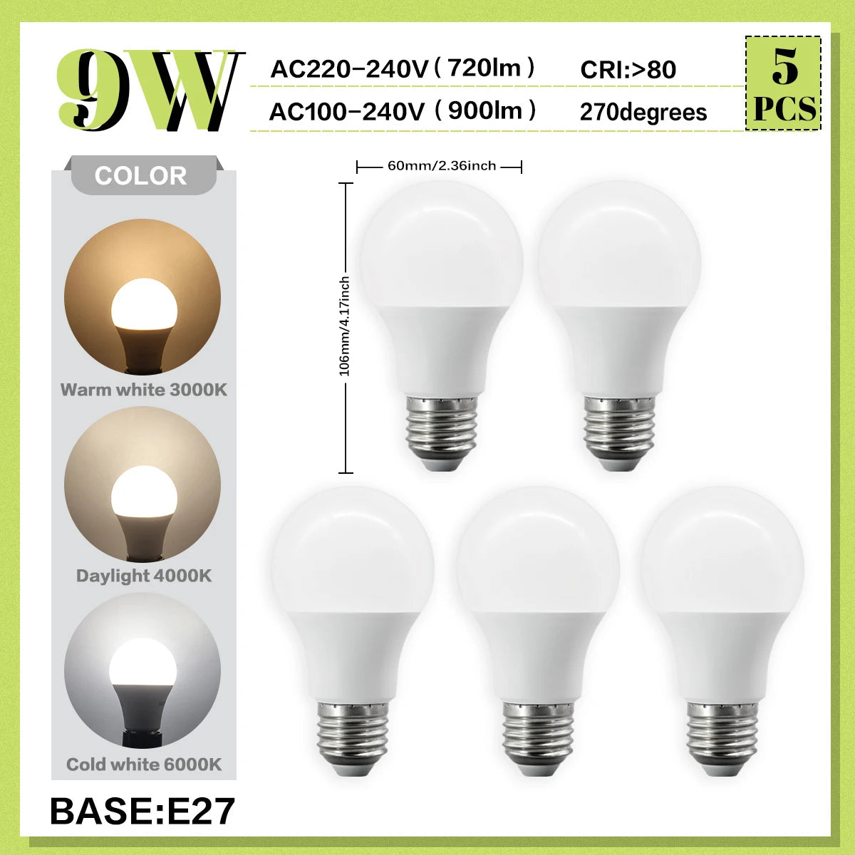 Set di 5 Lampadine LED E27 da 20W, 18W, 15W, 12W, 10W, 9W, 8W, AC220V, Potenza Reale, A60 A80, per Soggiorno e Casa