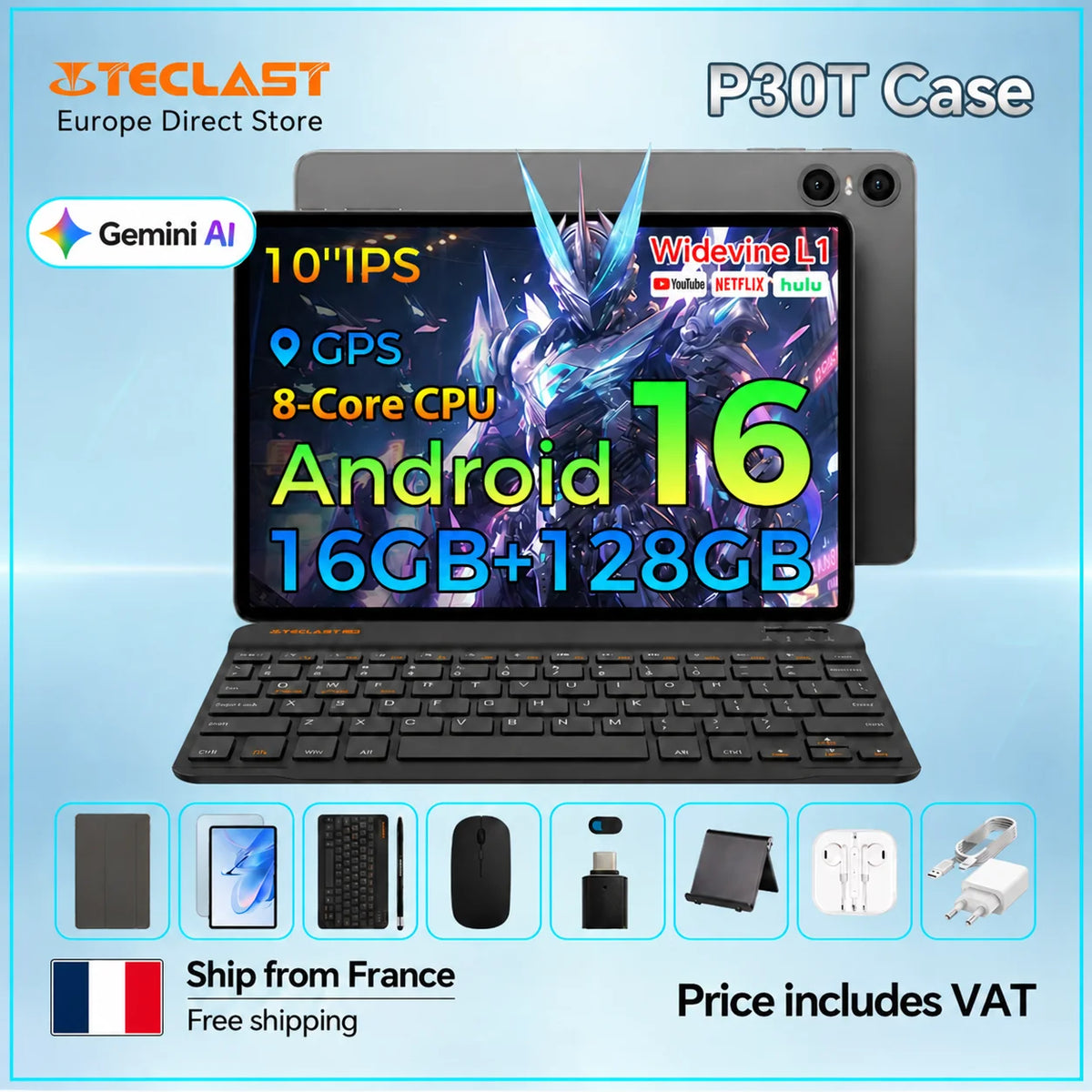 Custodia per tablet Teclast P30T, Android, 16, 10,1", 16 GB (3 GB + 13 GB) di RAM, 128 GB di ROM, CPU a 8 core, tutto in uno: custodia per P30T/tastiera/mouse/penne/auricolari/supporto.