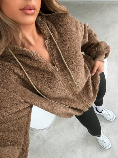 Felpa con cappuccio da donna per autunno e inverno, giacca con cardigan in velluto e cerniera, top nero e grigio, vestibilità ampia