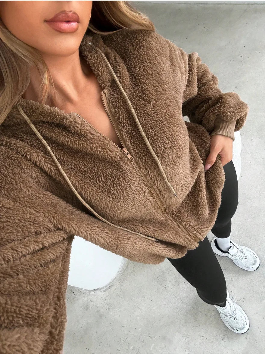 Felpa con cappuccio da donna per autunno e inverno, giacca con cardigan in velluto e cerniera, top nero e grigio, vestibilità ampia