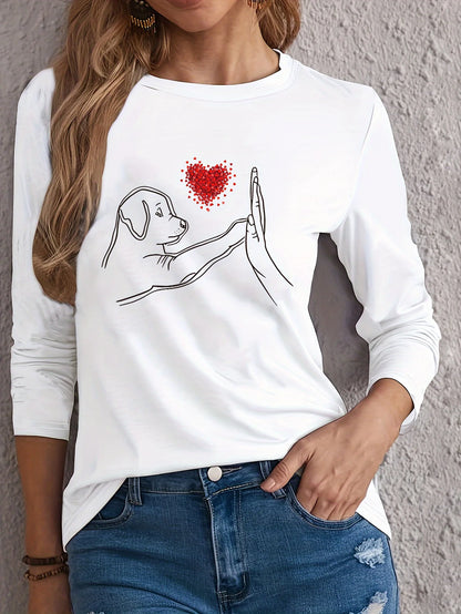 T-shirt girocollo stampata con motivo Torre Eiffel Parigi a maniche lunghe comoda moda primavera e autunno 100% cotone da donna