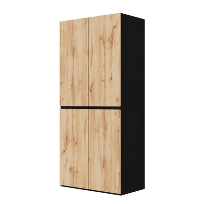 Armadio moderno 90x200 cm con cassetto per gioielli, 4 ante, 1 binario, 3 cassetti, finitura in rovere/bianco, armadio alto per camera da letto, corridoio, ufficio, mobile contenitore in MDF