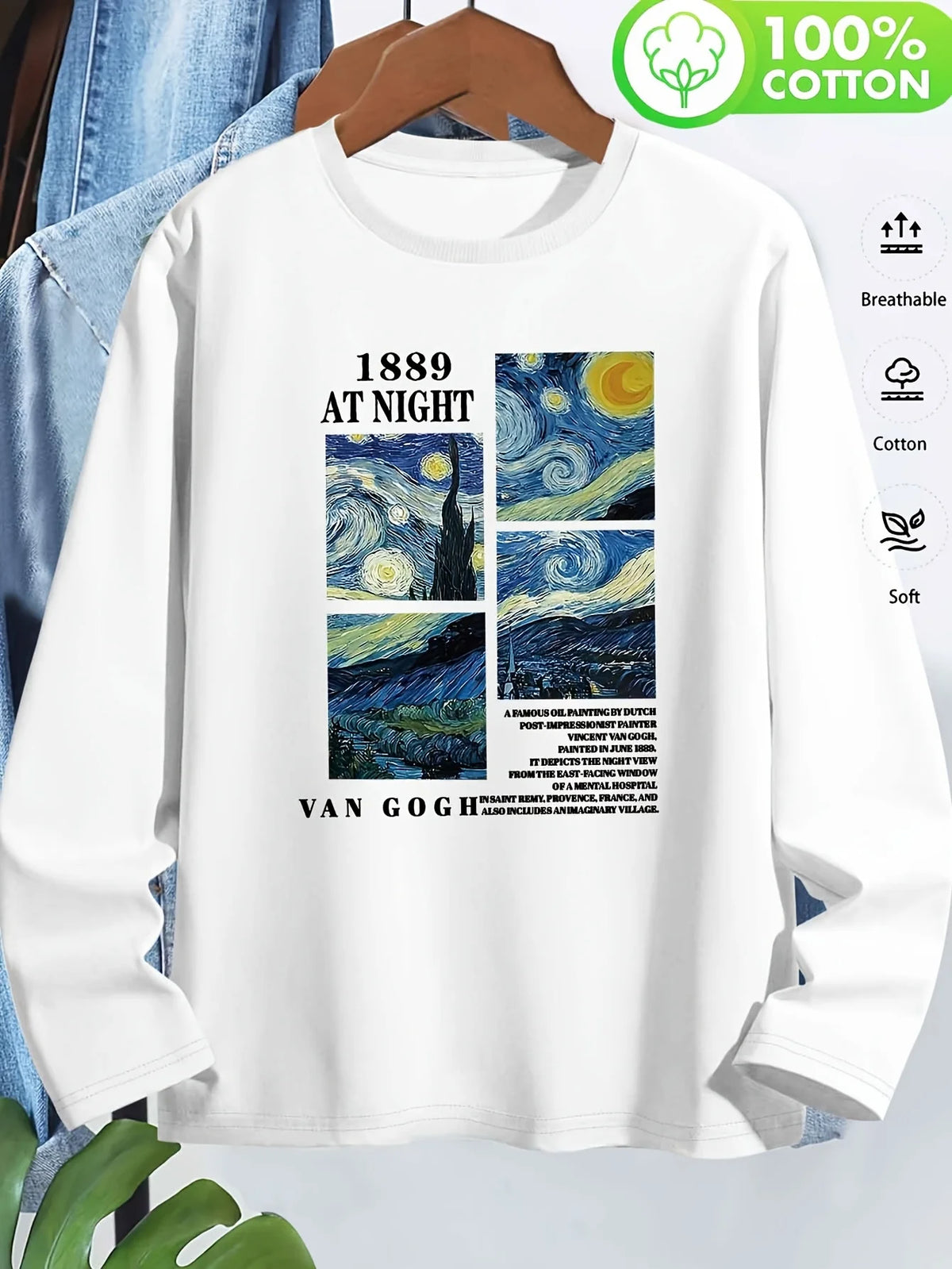 T-shirt girocollo stampata con motivo Torre Eiffel Parigi a maniche lunghe comoda moda primavera e autunno 100% cotone da donna
