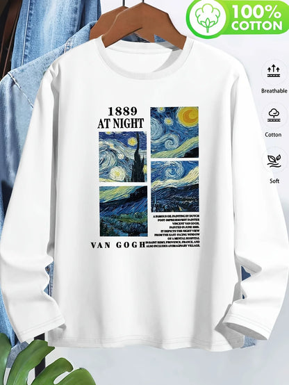 T-shirt girocollo stampata con motivo Torre Eiffel Parigi a maniche lunghe comoda moda primavera e autunno 100% cotone da donna