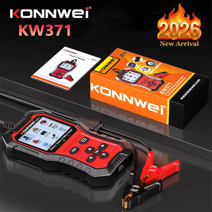 Tester Batteria Auto 2in1 KONNWEI KW371 2026 e Tester Relè a 4 Pin 5 Pin 6V 12V 24V con Stampa Dati Guasto, Test Avvio e Strumento di Scansione Ricarica