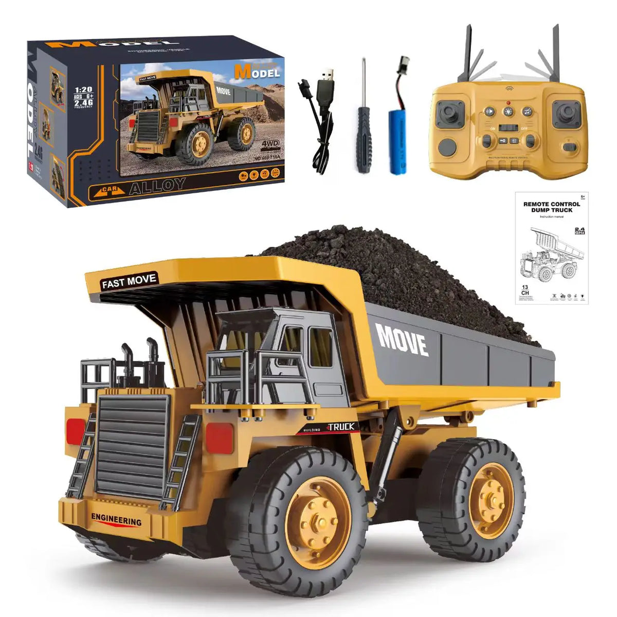ZWN 1/16 1/20 Escavatore telecomandato Autocarro con cassone ribaltabile Modello RC Auto giocattolo Simulazione professionale in lega Veicolo da costruzione per bambini