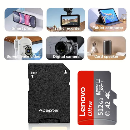 Scheda di memoria Lenovo da 1 TB, scheda di memoria ad alta velocità da 128 GB, scheda Micro SD da 512 GB e 256 GB, classe 10, scheda TF per smartphone, tablet e droni.