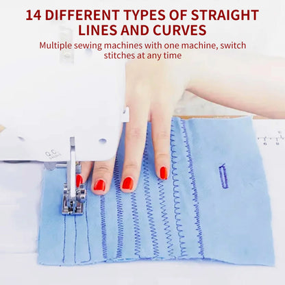 Macchina da Cucire Elettrica Mini 728 Fai-da-te con 14 Punti, Tavolo di Estensione, Kit per Tessuti in Cotone e Cucito, Cucitura Inversa e 14 Tipi di Punti Interni, EU