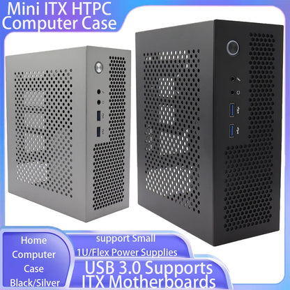 Custodia per computer Mini ITX HTPC USB 3.0 Supporta schede madri ITX Può contenere piccole alimentatori 1U/Flex Custodia per computer di casa Nera