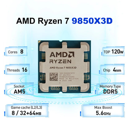 CPU AMD Ryzen 7 9850X3D 8-Core, 4.7GHz Base 5.6GHz Boost, 96MB Cache L3, Socket AM5, DDR5, 120W TDP, Senza Dissipatore
