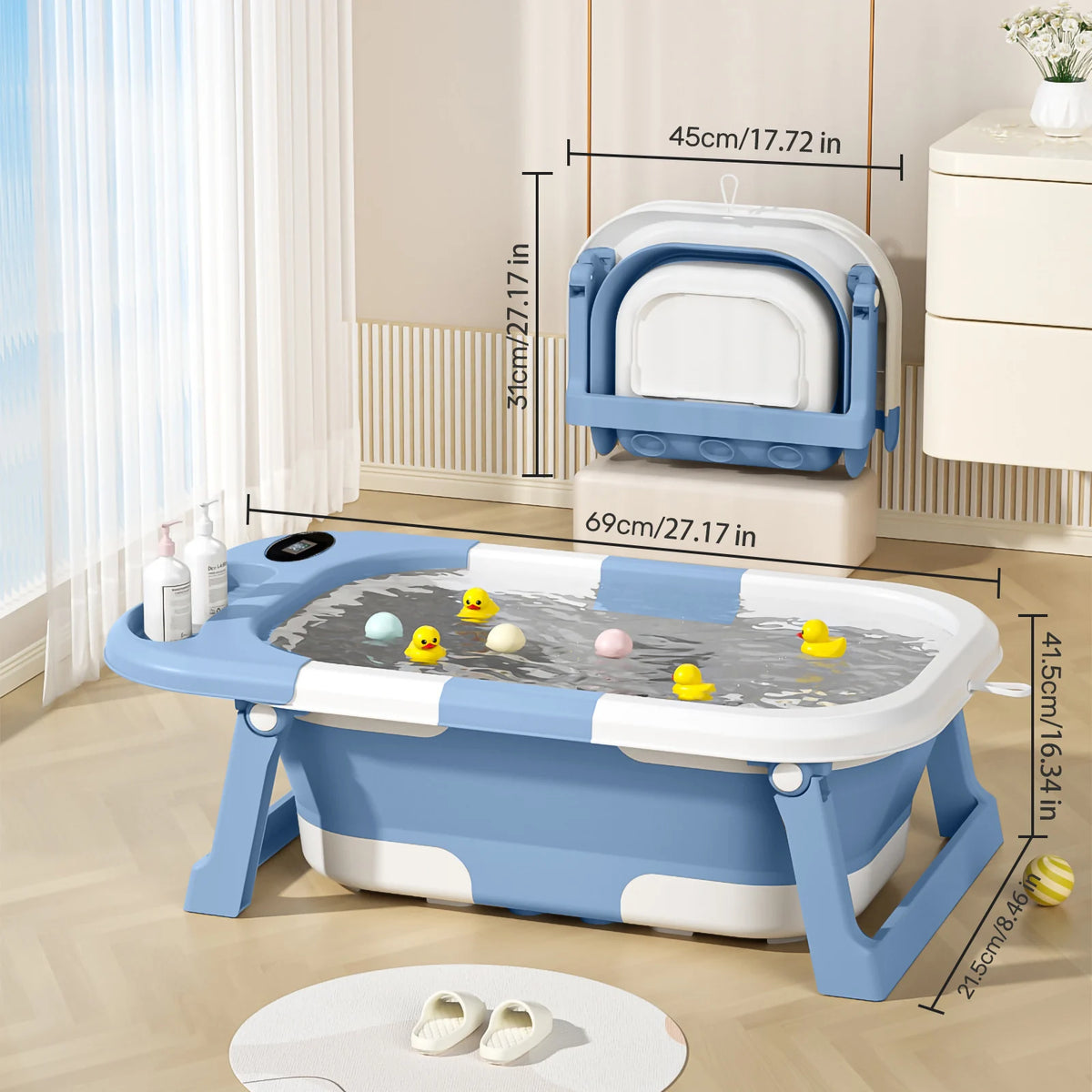 Vasca da bagno per neonati con foro di scarico, pieghevole, con cuscino morbido, portatile da viaggio, antiscivolo integrato