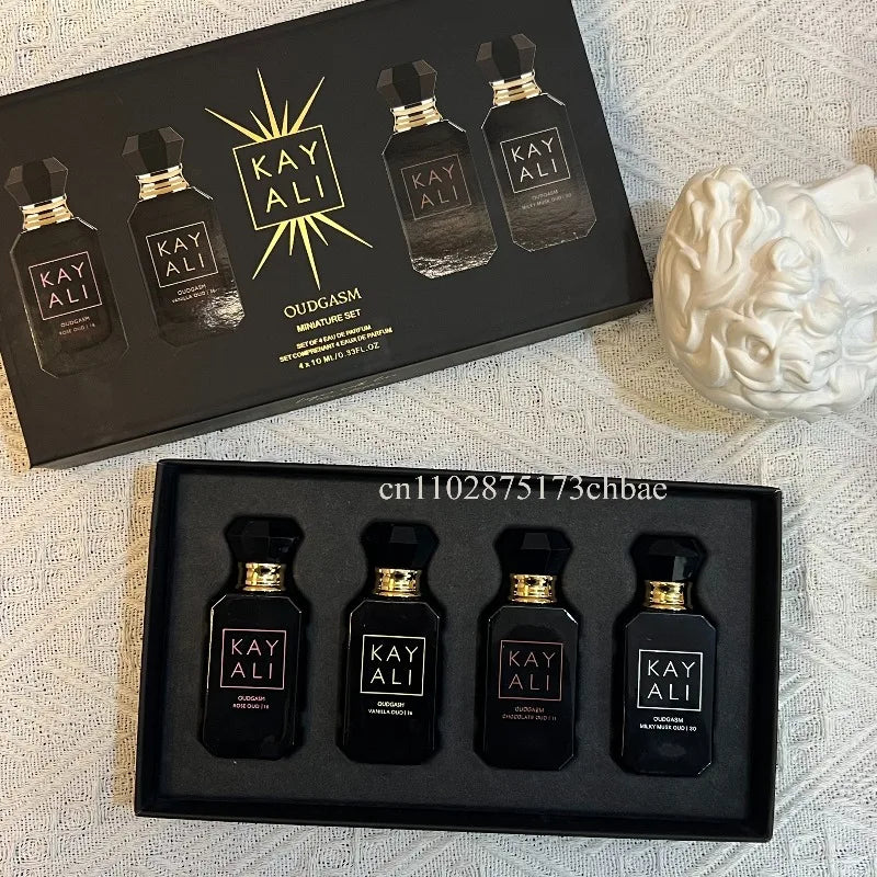 KAYALI Set di 4 Mini Profumi da 10ml, Fragranze Vaniglia, Oud, Floreali, Fruttate, Orientali, Lunga Durata, Unisex, Eau De Parfum, Set da Viaggio di Lusso
