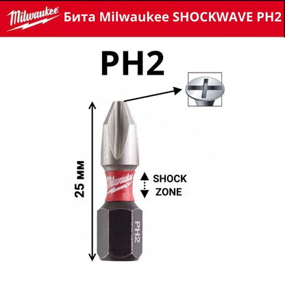 Milwaukee 4932430853 SHOCKWAVE PH2 25MM Punte per Avvitatore a Impatto, Confezione da 25 Pezzi, Accessori per Cacciavite Elettrico ad Alta Durezza ﻿