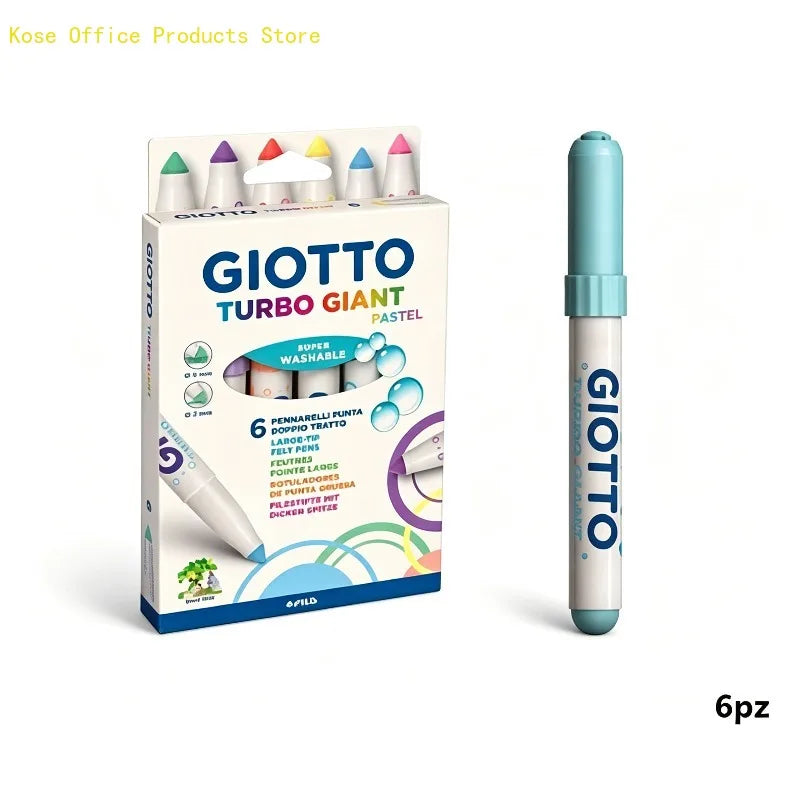 GIOTTO Set da 6 Pennarelli Pastello Turbo Giant Super Lavabili con Punta Larga in Feltro per Disegno, Colorazione, Progetti Artistici Scolastici per Bambini