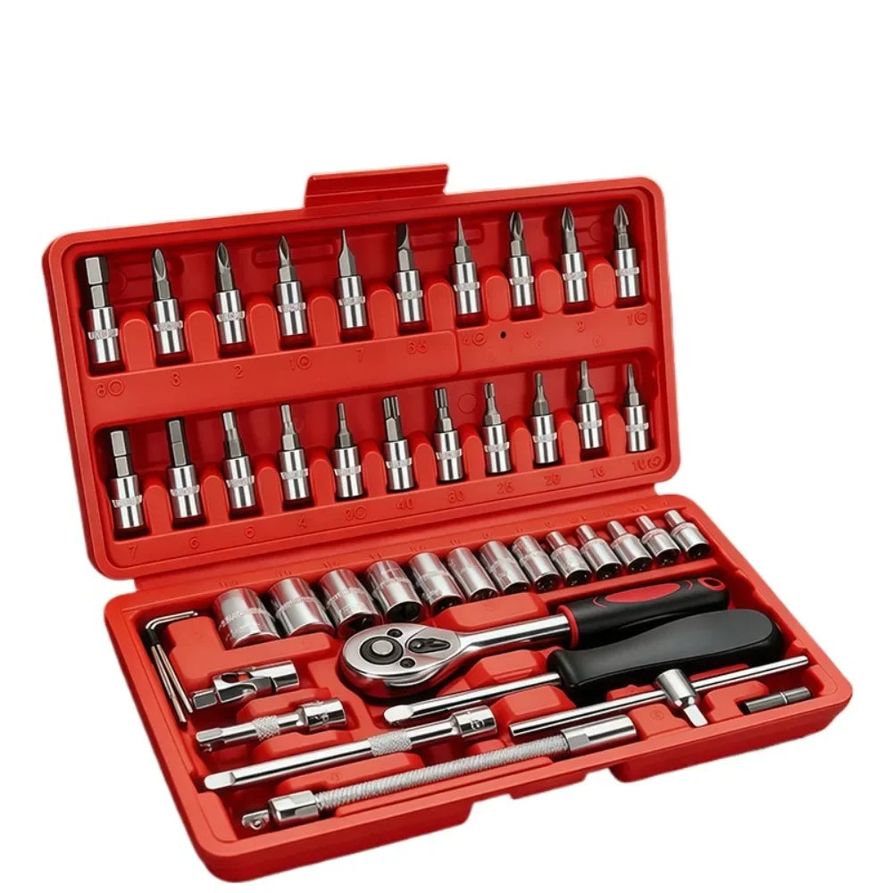 Set di 46 pezzi di bussole a cricchetto da 1/4 di pollice con punte esagonali metriche, kit di attrezzi meccanici per la riparazione auto