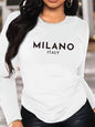 T-Shirt da Donna 100% Cotone Puro, Manica Lunga, Stampa MILANO ITALIA, Collo Tondo, Comoda e Casual per Primavera e Autunno