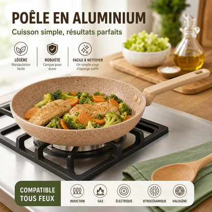 Padella in alluminio da 28 cm con rivestimento antiaderente effetto pietra, padella da cucina versatile compatibile con tutti i tipi di piani cottura, inclusa l'induzione, manico ergonomico e cottura sana senza sforzo.