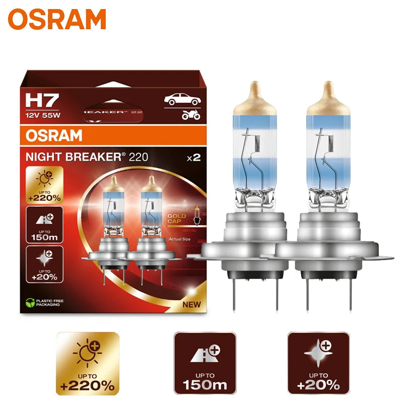 OSRAM H7 Night Breaker 220 Lampade alogene per auto + 220% potenza luminosa + 150 m Fascio lungo Luce originale 12 V 55 W Germania 64210NB220