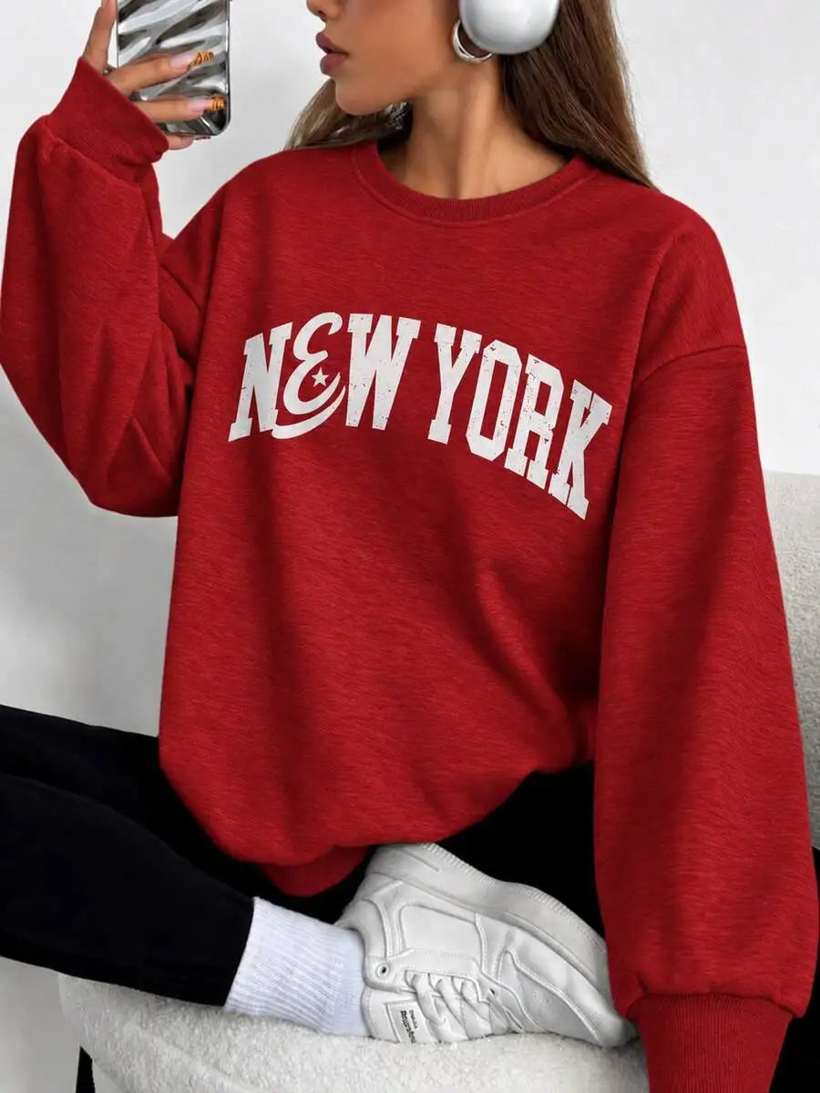 Felpa con stampa a tema New York, felpa da donna con collo alla marinara e fodera in pile, felpe sportive e per il tempo libero, ideali per l’autunno e l’inverno.