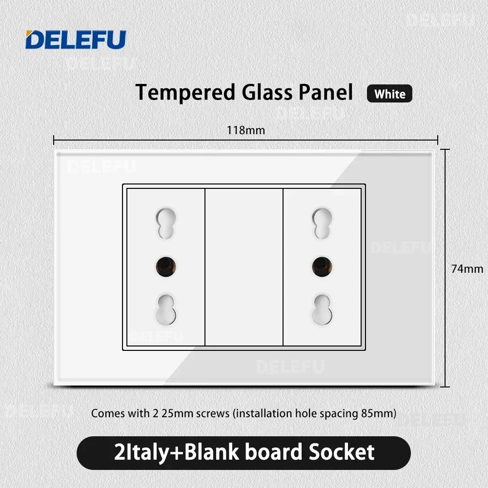 DELEFU Presa a Muro in Vetro Temperato Bianco Italia USB Tipo C Ricarica Rapida Interruttore Schuko TV Satellitare Citofono Cile
