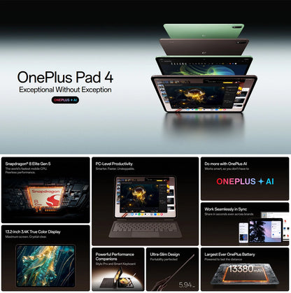 OnePlus Pad 4 Versione Globale Tablet WiFi – Display LCD da 13,2" 144Hz, Snapdragon 8 Elite Gen 5, 8 Altoparlanti, Fotocamera da 13MP, Batteria da 13380mAh, Ricarica Rapida SUPERVOOC da 80W (Caricabatterie non incluso)