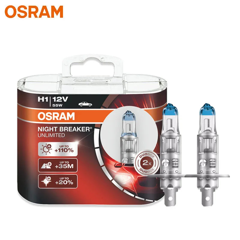 OSRAM H1 NIGHT BREAKER UNLIMITED 12V 55W Lampadina per Fari e Fendinebbia Auto 64150NBU 20% Più Bianca, Fascio Luminoso 40m Più Lungo, 110% Più Luminosa