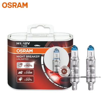 OSRAM H1 NIGHT BREAKER UNLIMITED 12V 55W Lampadina per Fari e Fendinebbia Auto 64150NBU 20% Più Bianca, Fascio Luminoso 40m Più Lungo, 110% Più Luminosa