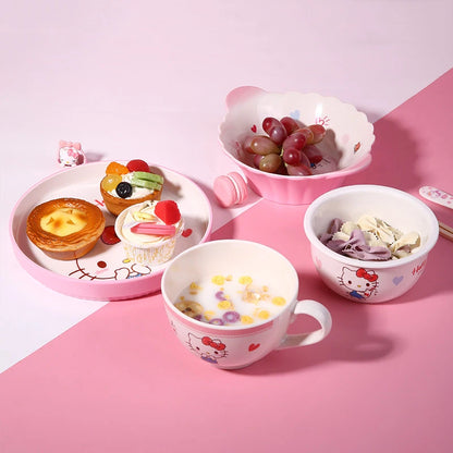 WUHE Set di Stoviglie per Bambini Hello Kitty, Ciotole e Piatti in Melamina, Design Cartoon per Ragazze, Senza BPA, Infrangibile, Lavabile in Lavastoviglie