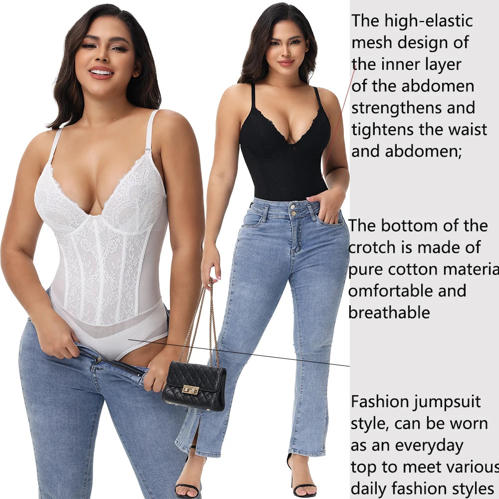 Body modellante in pizzo da donna con ferretto, controllo della pancia, modellante per tutto il corpo, corsetto con scollo a V, top, tuta, slip, lingerie, abbigliamento sexy