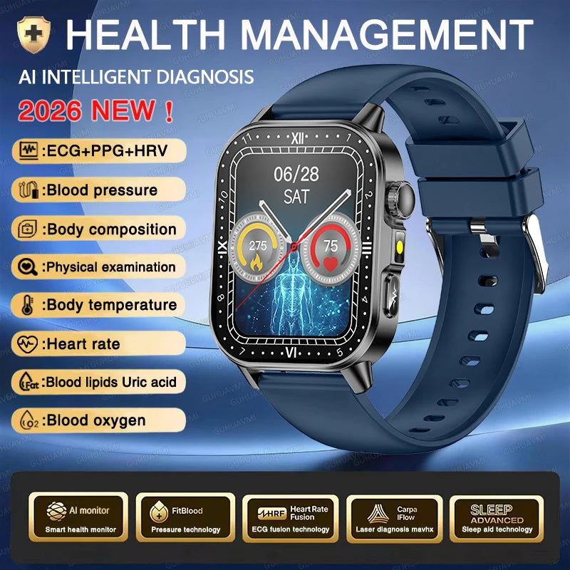 Nuovo Smartwatch per Uomo con Diagnosi ECG Accurata, Misurazione di Pressione Sanguigna, Ossigeno nel Sangue, Grasso nel Sangue, Acido Urico, Temperatura, Chiamate Bluetooth